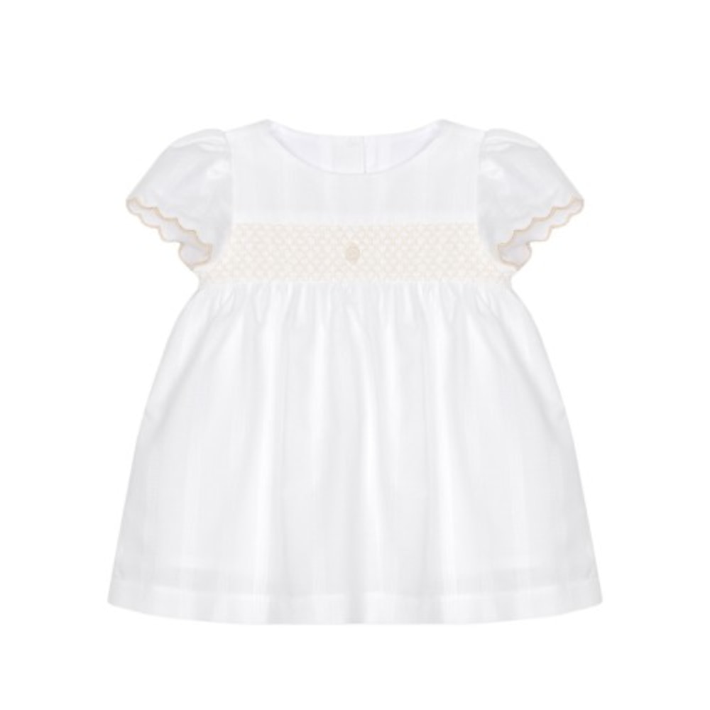 Patachou Baby Jurkje Wit met Gesmokte Details en Zandkleur