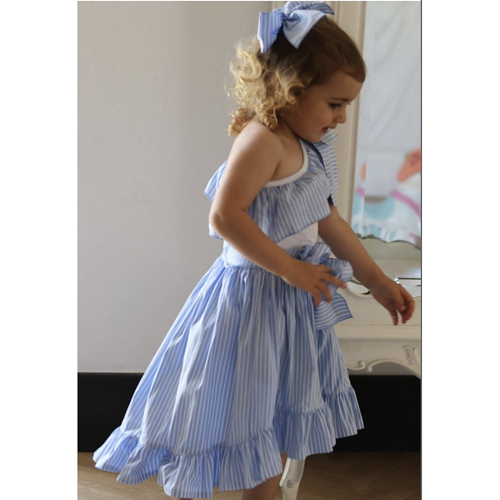 Phi Blauw met Wit Gestreepte Rok met Asymmetrische Zoom